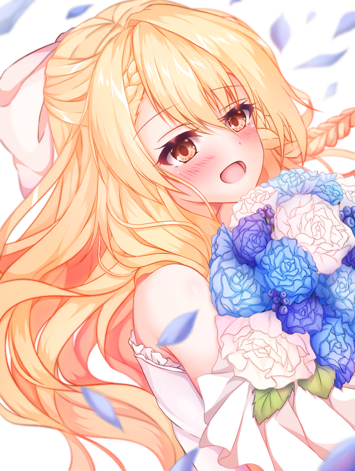 koyo aki (vtvd5277), shirley warwick, amairo islenauts, commentary request, 1girl, :d, alternate costume, alternate hairstyle, bare shoulders, blonde hair, blue flower, blue rose, blush, bouquet, bow, braid, dress, dutch angle, eyelashes, falling petals, floating hair, flower, hair between eyes, hair bow, half updo, happy, holding, holding bouquet, huge bow, leaf, long hair, open mouth, orange eyes, petals, rose, side braid, simple background, single hair intake, smile, solo, upper body, very long hair, wedding dress, white background, white bow, white dress, white flower, white rose