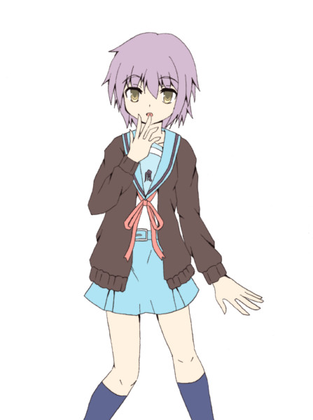 hinagi hiyaya, nagato yuki, suzumiya haruhi no yuuutsu, 00s, cardigan, school uniform, serafuku, short hair, solo