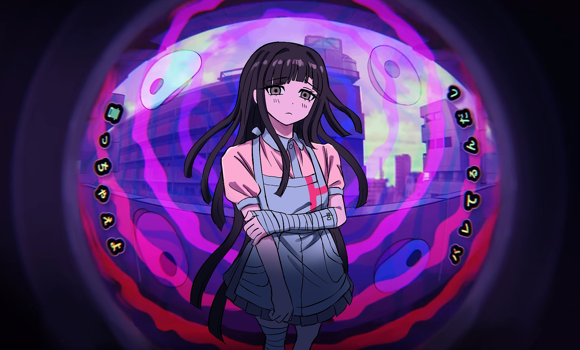 tsumiki mikan, danganronpa (series), danganronpa 2: goodbye despair, monitoring (vocaloid), commentary, highres, symbol-only commentary, translation request, 1girl, apron, bandaged arm, bandaged leg, bandages, blunt bangs, building, closed mouth, cloud, eyelashes, fisheye, frown, hand on own arm, long hair, pink shirt, pov peephole, purple eyes, purple hair, shirt, short sleeves, skirt, sky, solo, sumi ringo, white apron