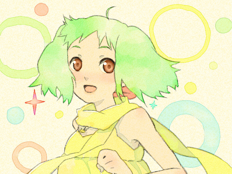 kasuga (artist), ranka lee, macross, macross frontier, 00s, 1girl, ahoge, bare shoulders, blush, bracelet, brown eyes, dress, female focus, green hair, jewelry, looking at viewer, scarf, short hair, sleeveless, sleeveless dress, solo, upper body, yellow dress, yellow scarf