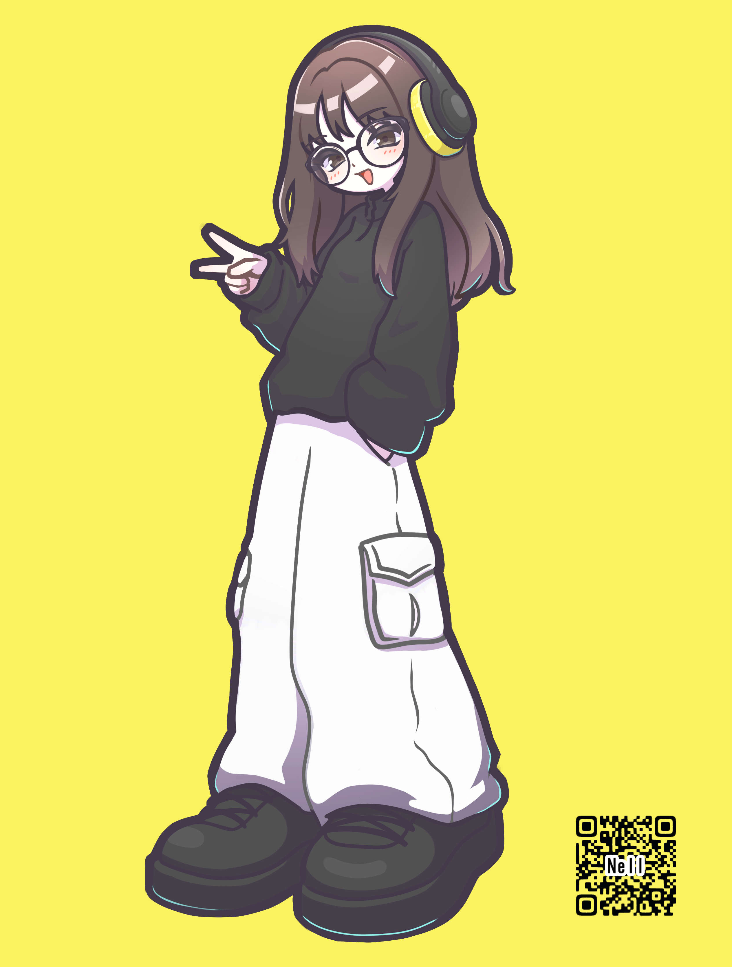 samaaaa0105, original, absurdres, commentary, english commentary, highres, 1girl, black shirt, black shoes, blush, brown eyes, brown hair, full body, glasses, hand in pocket, headphones, large shoes, long hair, long sleeves, open mouth, pants, qr code, round eyewear, shirt, shoes, simple background, smile, solo, standing, thick outlines, v, white pants, yellow background