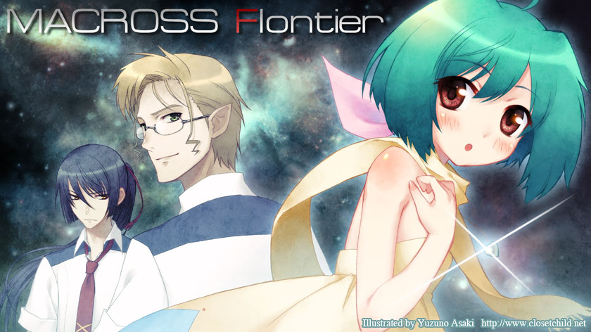 mikhail buran, ranka lee, saotome alto, macross, macross frontier, 00s, 1girl, 2boys, :o, blue hair, blush, collared shirt, dress, english text, engrish text, glasses, green hair, hand on own chest, long hair, looking at viewer, multiple boys, necktie, parted lips, ponytail, ranguage, red eyes, red necktie, rimless eyewear, shirt, short hair, watermark, web address, white shirt, yellow dress