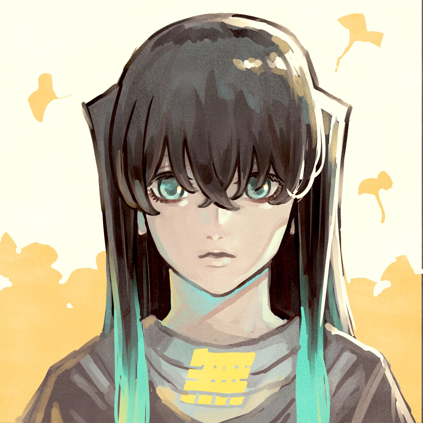 takeuchi ryousuke, tokitou muichirou, kimetsu no yaiba, commentary request, highres, 1boy, black hair, black shirt, blue eyes, blue hair, character name, ginkgo leaf, hair between eyes, leaf, long hair, looking at viewer, male focus, open mouth, shirt, solo, teeth, upper teeth only