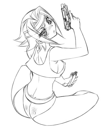 hiyohiyo, kouzuki kallen, code geass, lowres, 00s, beretta 92, greyscale, gun, handgun, monochrome, panties, pistol, solo, tank top, underwear, weapon