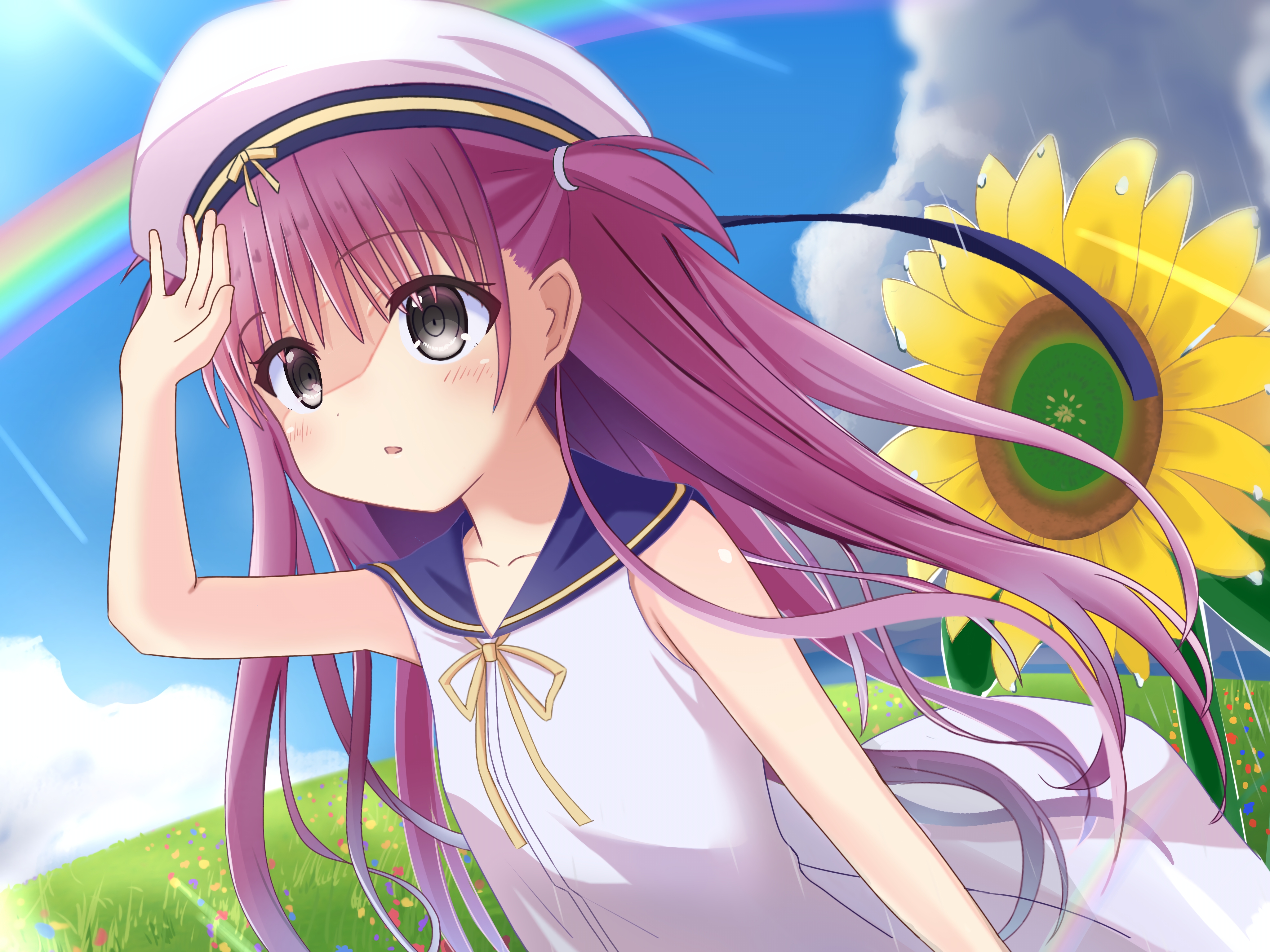 user jvdy4345, katou umi, summer pockets, absurdres, commentary request, highres, 1girl, after rain, bare arms, blue sailor collar, blue sky, blush, day, dress, dutch angle, floating hair, flower, grass, grey eyes, hair between eyes, hand up, hat, long hair, looking ahead, outdoors, parted lips, pink hair, rainbow, ribbon, ringed eyes, sailor collar, sailor dress, sailor hat, shading eyes, sky, sleeveless, sleeveless dress, solo, sunflower, two side up, upper body, very long hair, wet, white dress, white hat, yellow ribbon