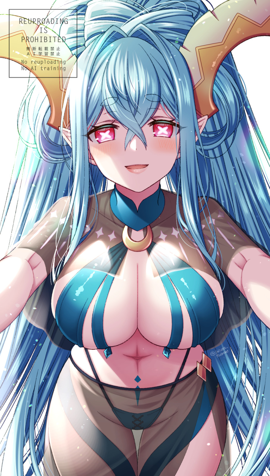 sakura tsubame, tiamat (fate), tiamat (swimsuit archer) (first ascension) (fate), fate/grand order, fate (series), highres, 1girl, aqua hair, bikini, blue bikini, blush, braid, breasts, capelet, cleavage, curled horns, earrings, grey capelet, hair between eyes, highleg, highleg bikini, horns, jewelry, large breasts, long hair, looking at viewer, navel, open mouth, pink eyes, pointy ears, sarong, see-through clothes, sidelocks, smile, solo, stomach tattoo, swimsuit, symbol-shaped pupils, tattoo, thighs, very long hair