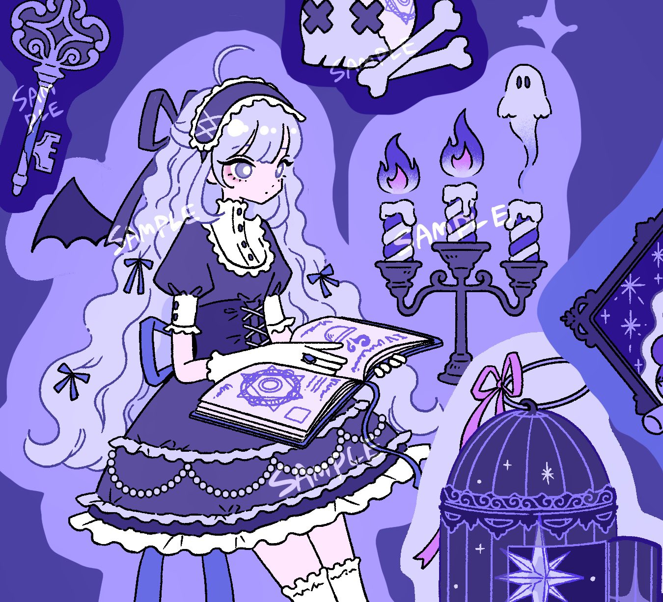 nakazawa ayami, original, commentary, highres, symbol-only commentary, 1girl, ahoge, bat wings, birdcage, bone, book, bow, cage, candle, candlestand, closed mouth, dot mouth, dress, fire, frilled dress, frilled headwear, frills, ghost, gloves, hair bow, high collar, holding, holding book, jewelry, juliet sleeves, key, long hair, long sleeves, multiple hair bows, puffy sleeves, purple background, purple bow, purple eyes, purple fire, purple hair, ring, sample watermark, short sleeves, skull, solo, very long hair, watermark, white gloves, wings