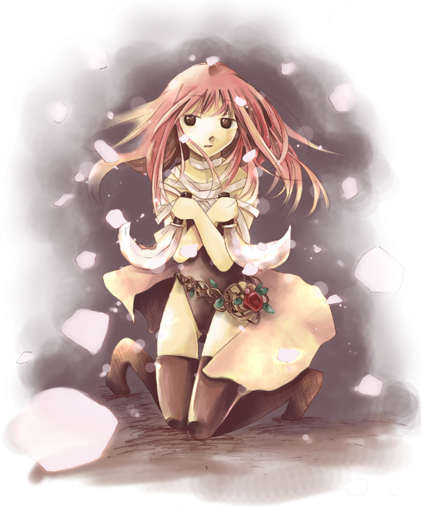 sakurana (pixiv), assassin (ragnarok online), ragnarok online, 1girl, assassin, black thighhighs, female focus, kneeling, knife, red hair, snow, solo, thighhighs