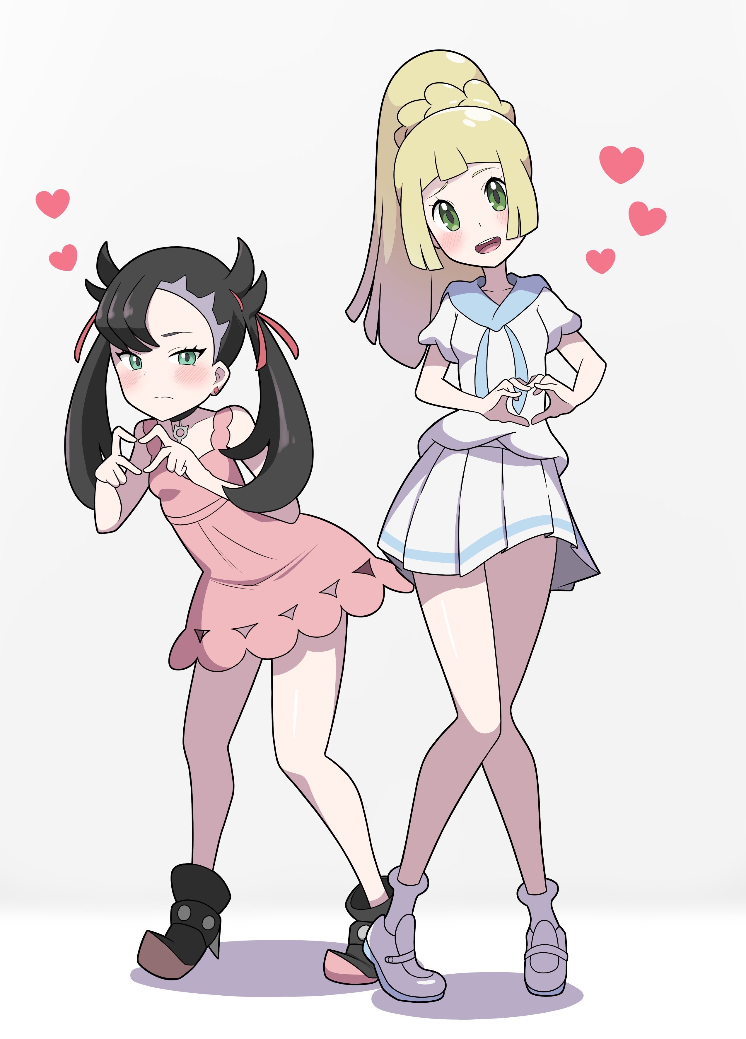 araki megami, lillie (pokemon), marnie (pokemon), nintendo, pokemon, absurdres, highres, 2girls, blonde hair, multiple girls