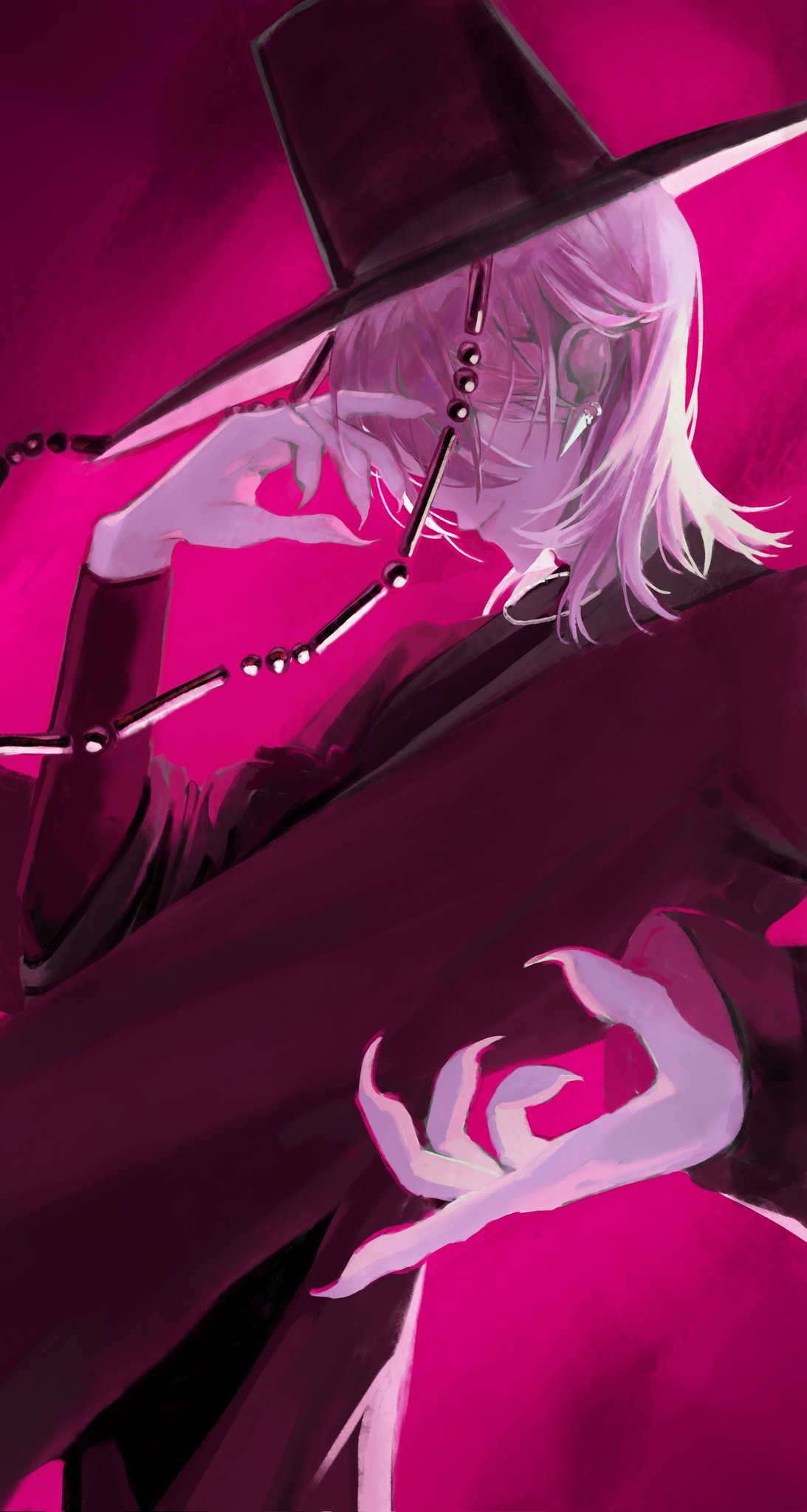 mystery (kpop demon hunter), kpop demon hunters, hashtag-only commentary, highres, 1boy, arm up, black coat, closed mouth, coat, colored skin, covered eyes, earrings, from side, gat (hat), hat, jewelry, korean clothes, long sleeves, male focus, medium hair, pink background, pink hair, sharp teeth, smile, solo, teeth, upper body, vkfks8240