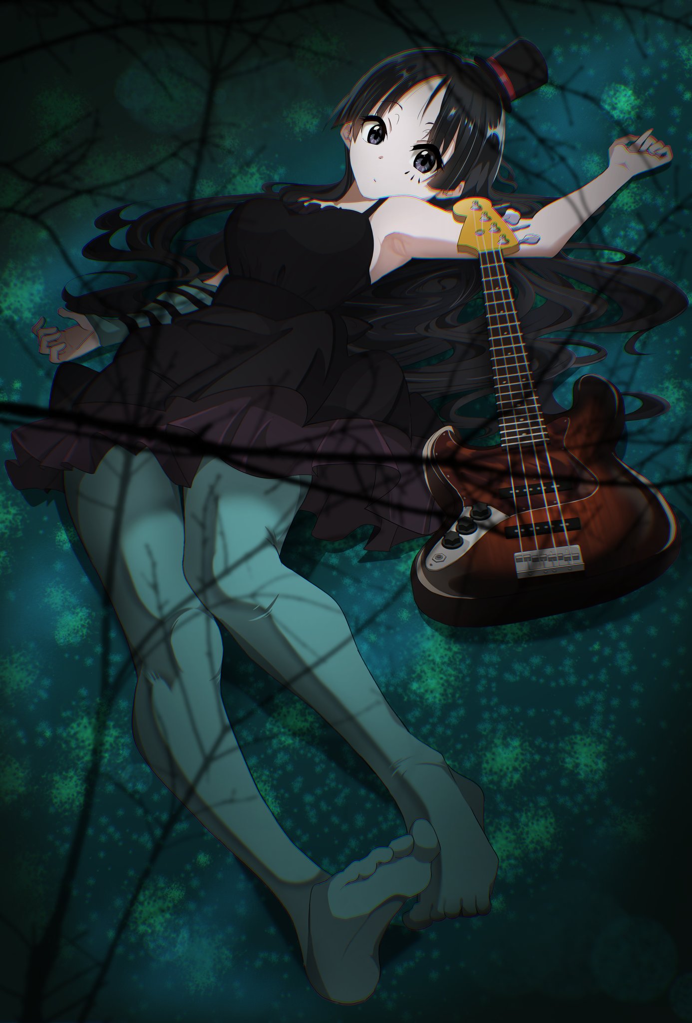 akiyama mio, don't say "lazy", k-on!, commentary request, highres, 1girl, armpit crease, armpits, bare shoulders, bare tree, bass guitar, black dress, black eyes, black hair, blue arm warmers, blue background, blue pantyhose, branch, chromatic aberration, dress, frilled dress, frills, from above, full body, hat, instrument, long hair, looking at viewer, lovingkyotaro, lying, mini hat, mini top hat, no shoes, official alternate costume, pantyhose, parted bangs, shadow, solo, striped arm warmers, toes, top hat, tree