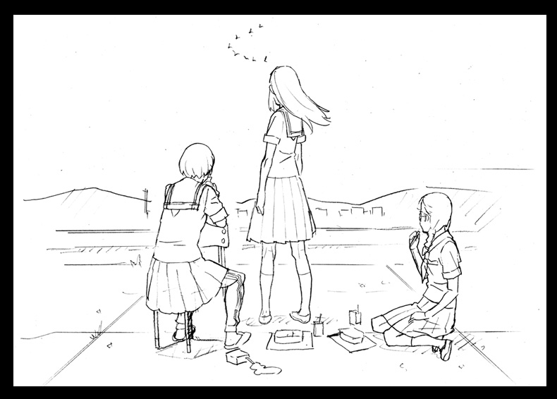 tagme, 3girls, greyscale, monochrome, multiple girls, school uniform, serafuku