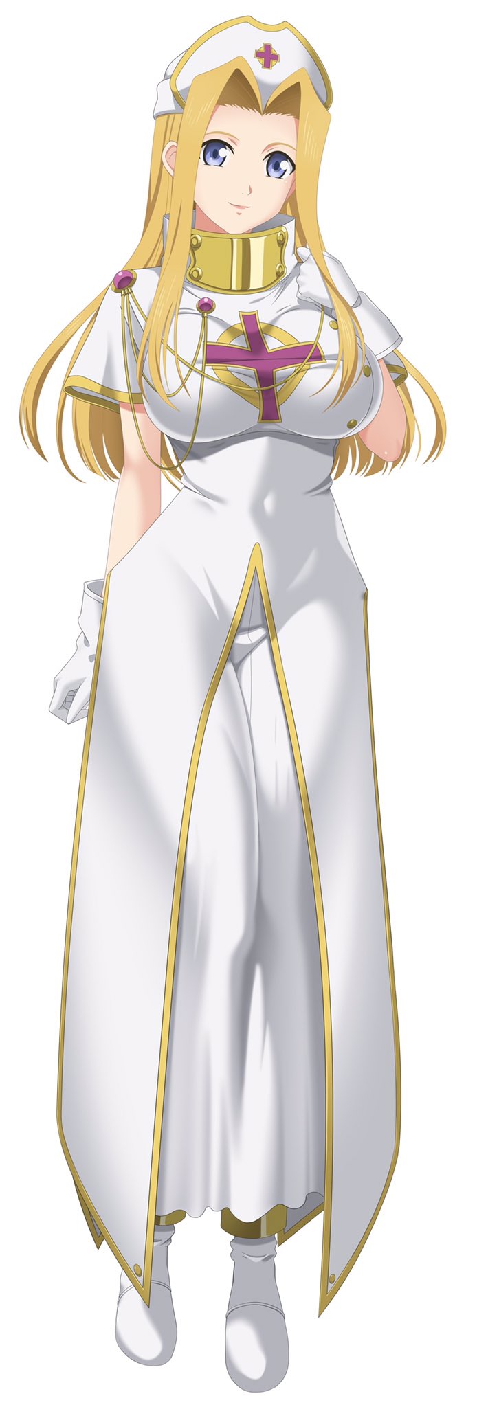 huzihitode, mint adenade, tales of (series), tales of phantasia, commentary, highres, 1girl, blonde hair, blue eyes, boots, breasts, closed mouth, covered navel, cross, cross print, dress, full body, gloves, hat, large breasts, long hair, long skirt, looking at viewer, nurse cap, parted bangs, print dress, short sleeves, skirt, smile, solo, standing, straight hair, tight clothes, tight dress, white background, white boots, white dress, white gloves, white skirt