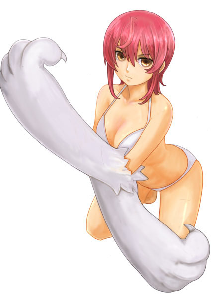ikara, riza wildman, kaibutsu oujo, 00s, 1girl, animal hands, bikini, breasts, cleavage, female focus, large breasts, red hair, solo, swimsuit, white bikini, yellow eyes