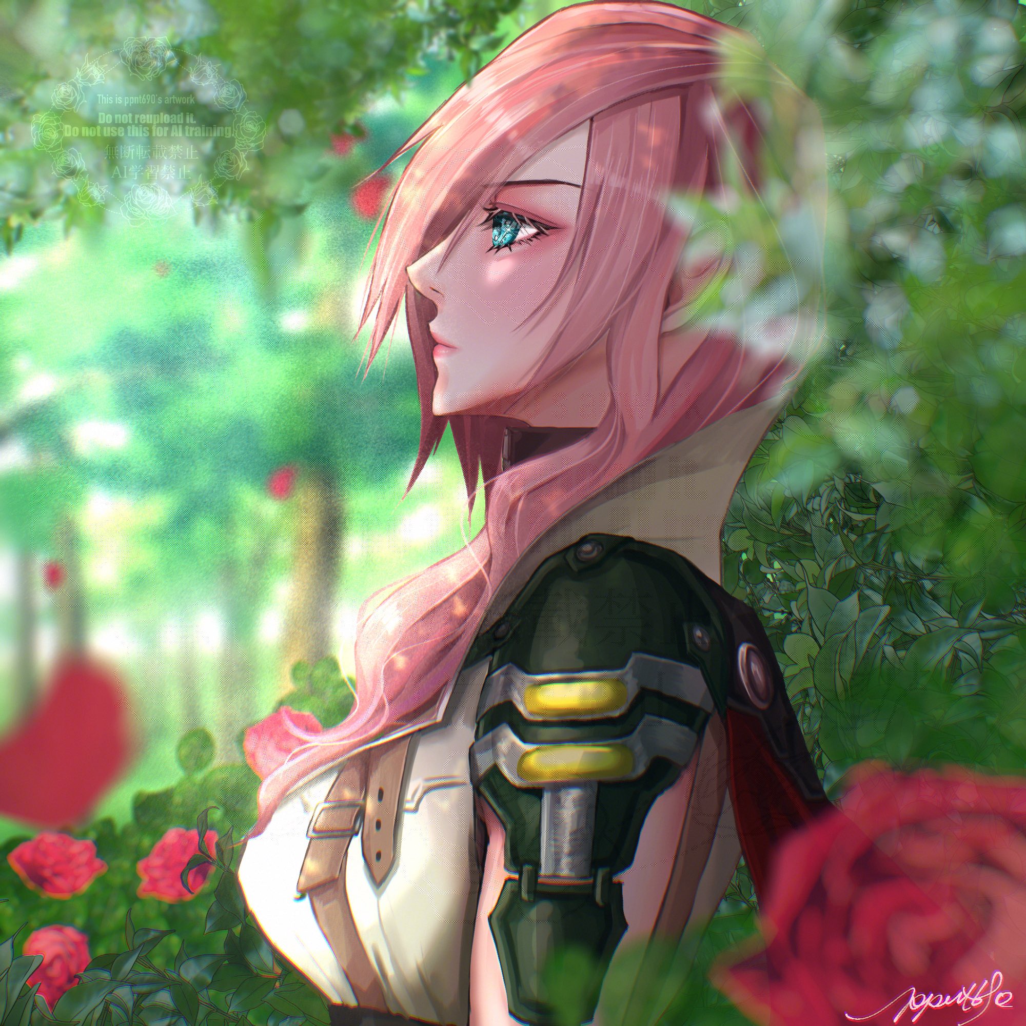 lightning farron, final fantasy, final fantasy xiii, commentary, highres, symbol-only commentary, 1girl, belt buckle, blue eyes, blurry, blurry background, blurry foreground, buckle, bush, closed mouth, eyelashes, flower, from side, lips, long hair, outdoors, pink hair, pink lips, ppnt690, profile, red flower, red rose, rose, signature, single shoulder pad, sleeveless, sleeveless jacket, solo, suspenders, tree, upper body