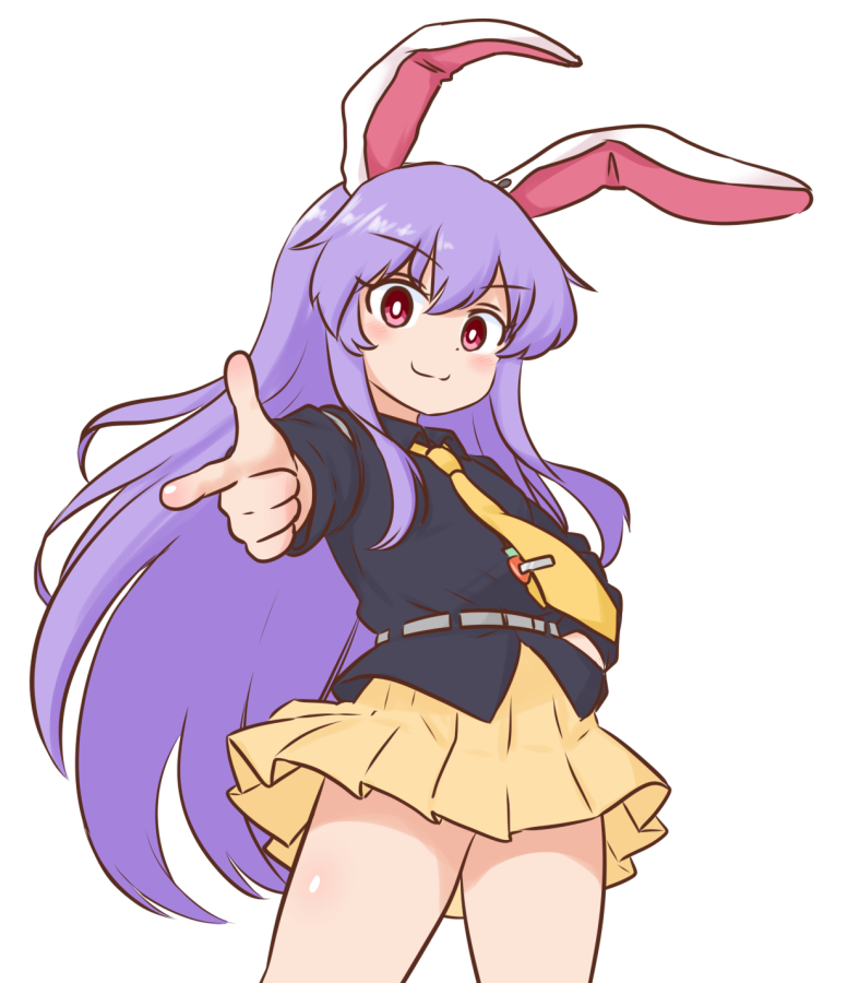 mizusoba, reisen udongein inaba, touhou, commentary request, 1girl, animal ears, black shirt, blush, bright pupils, closed mouth, collared shirt, cowboy shot, dot nose, finger gun, hand on own hip, long hair, long sleeves, looking at viewer, miniskirt, necktie, pink eyes, pleated skirt, pointing, pointing at viewer, purple hair, rabbit ears, rabbit girl, shirt, simple background, skirt, smile, solo, split mouth, standing, tie clip, white background, white pupils, yellow necktie, yellow skirt