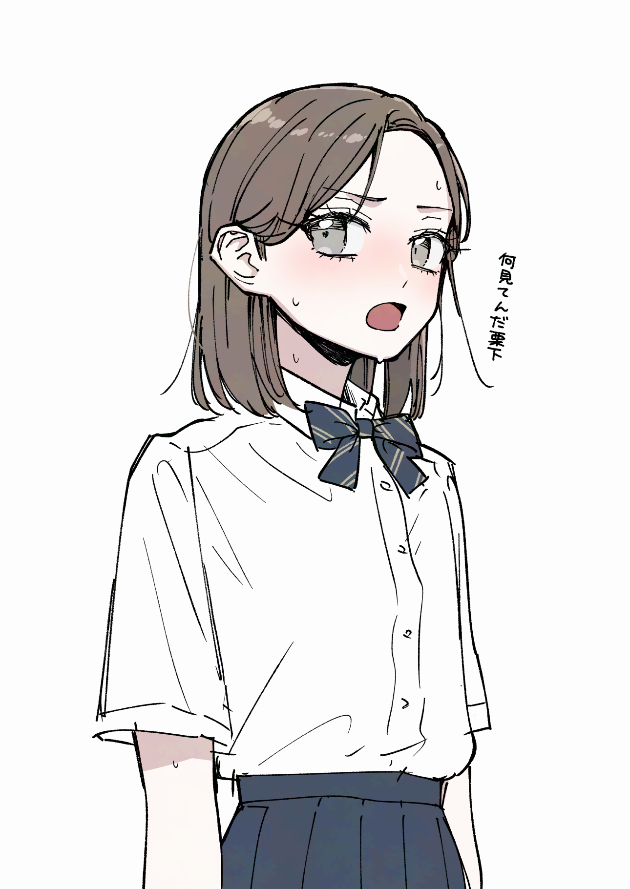 sakashima 0822, original, commentary request, highres, translation request, 1girl, arms at sides, black bow, black bowtie, black skirt, bow, bowtie, brown hair, collared shirt, diagonal-striped bow, diagonal-striped bowtie, diagonal-striped clothes, grey eyes, hair behind ear, medium hair, open mouth, pleated skirt, school uniform, shirt, shirt tucked in, short sleeves, sketch, skirt, solo, striped bow, striped bowtie, striped clothes, sweat, upper body, white background, white shirt