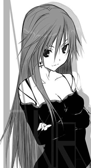 coach (artist), akira ferrari, aria (manga), 00s, 1girl, bare shoulders, breasts, cleavage, crossed arms, earrings, female focus, greyscale, jewelry, long hair, monochrome, solo