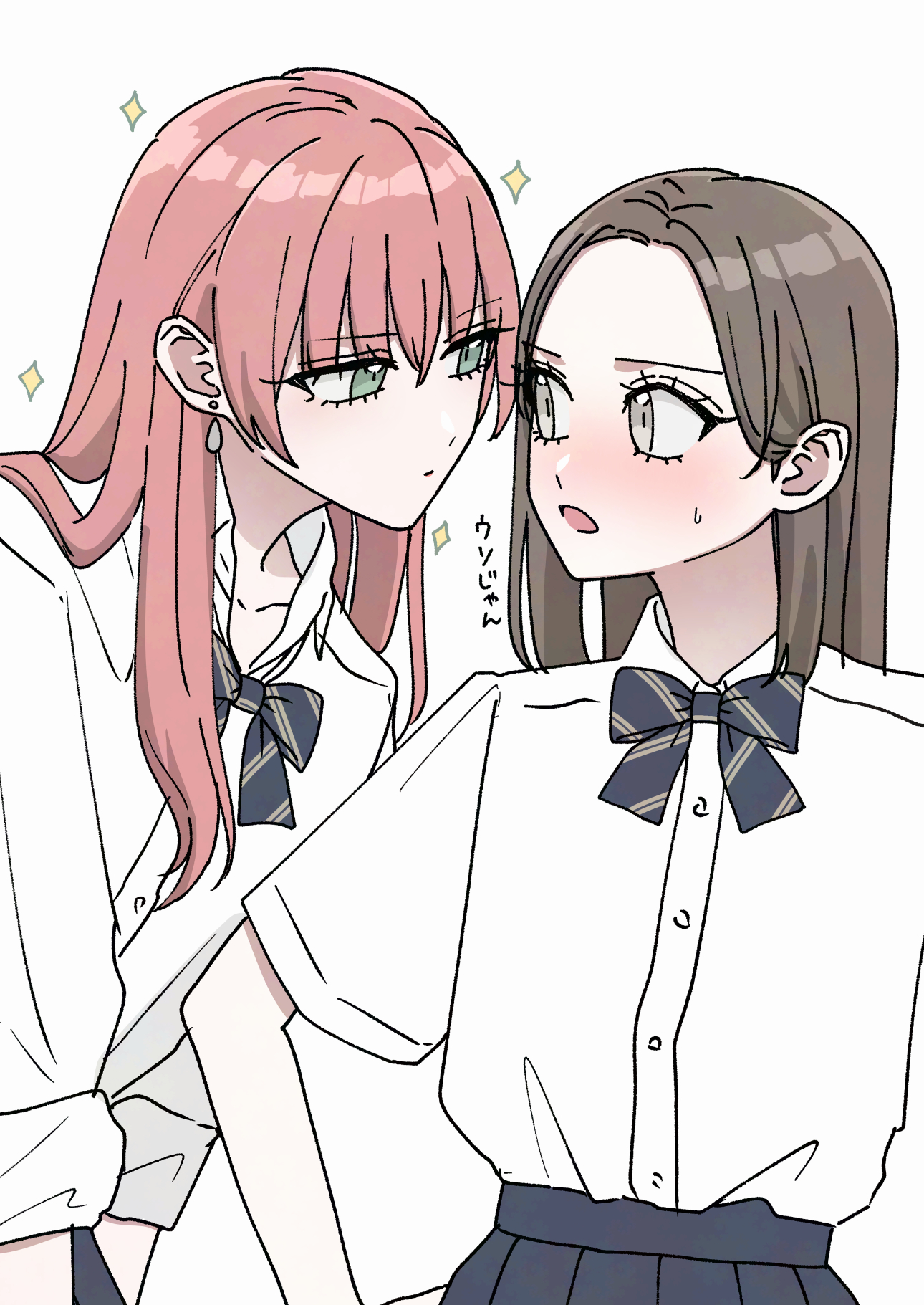 sakashima 0822, original, commentary request, highres, translation request, 2girls, black bow, black bowtie, blush, bow, bowtie, brown hair, closed mouth, collarbone, collared shirt, earrings, eye contact, eyelashes, green eyes, grey eyes, hair behind ear, hair over shoulder, hand on own hip, height difference, jewelry, leaning forward, long hair, looking at another, medium hair, multiple girls, open mouth, pink hair, pleated skirt, school uniform, shirt, shirt tucked in, short sleeves, skirt, small sweatdrop, sparkle, teardrop earrings, upper body, white background, white shirt, yuri
