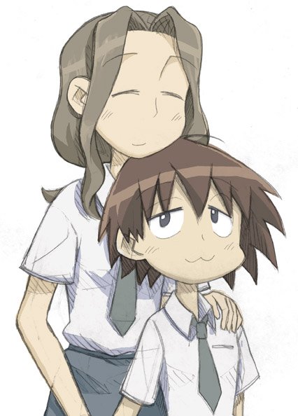 kurihara nagisa, sasaki juju, sketchbook full colors, resolution mismatch, source larger, 00s, 2girls, :3, closed eyes, multiple girls, necktie, school uniform, serafuku, short hair, sketch