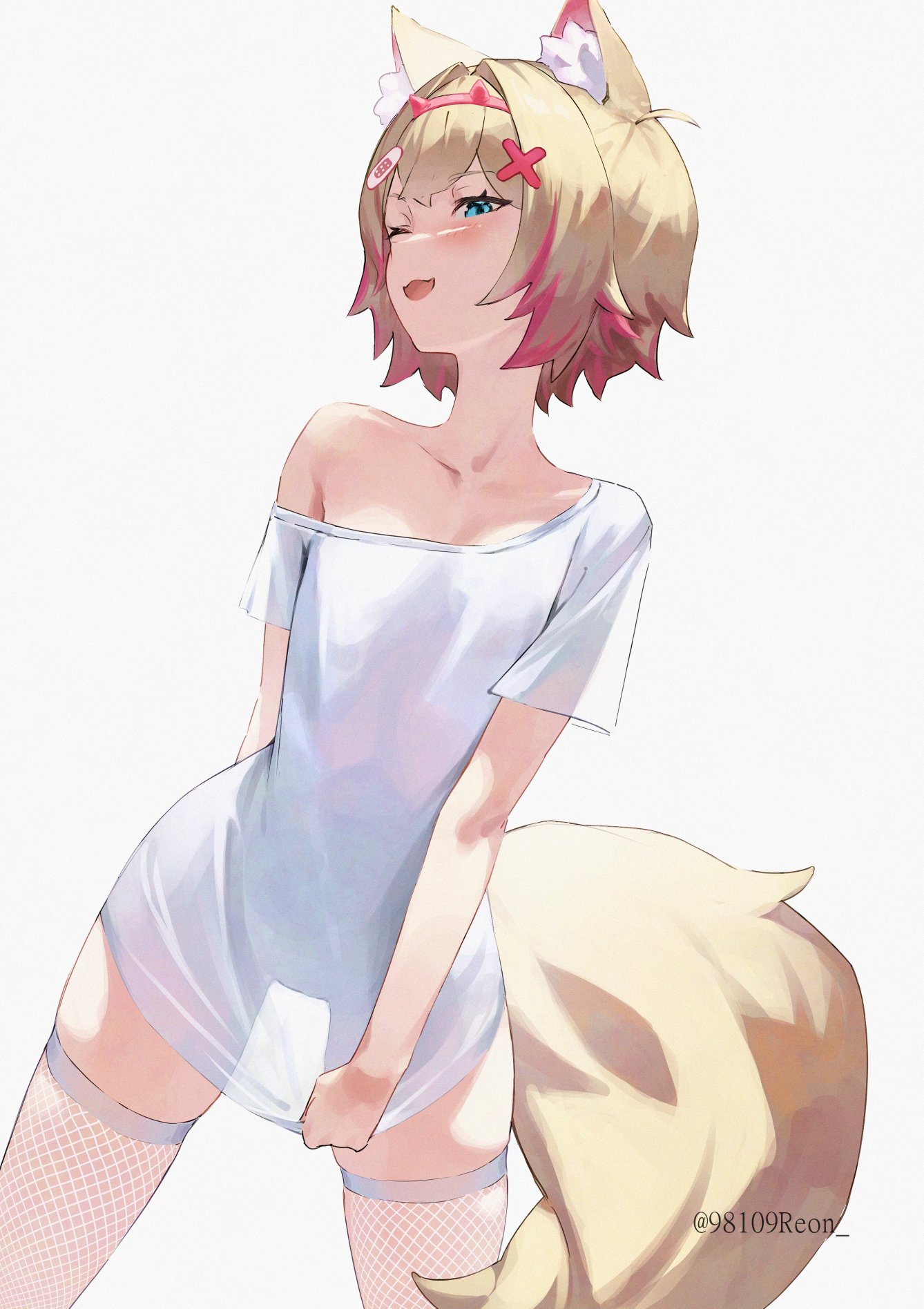 reon (98109reon), mococo abyssgard, hololive, hololive english, commentary, english commentary, highres, 1girl, ;3, ;d, animal ear fluff, animal ears, arm behind back, artist name, bandaid, bandaid hair ornament, bare arms, blonde hair, blue eyes, blush, breasts, collarbone, dog ears, dog girl, dog tail, fishnet thighhighs, fishnets, hair ornament, hairband, horn hairband, legs apart, multicolored hair, no pants, one eye closed, open mouth, pink hair, red hairband, see-through silhouette, shirt, short hair, simple background, single bare shoulder, single off shoulder, small breasts, smile, solo, t-shirt, tail, thighhighs, twitter username, two-tone hair, virtual youtuber, white background, white shirt, x hair ornament
