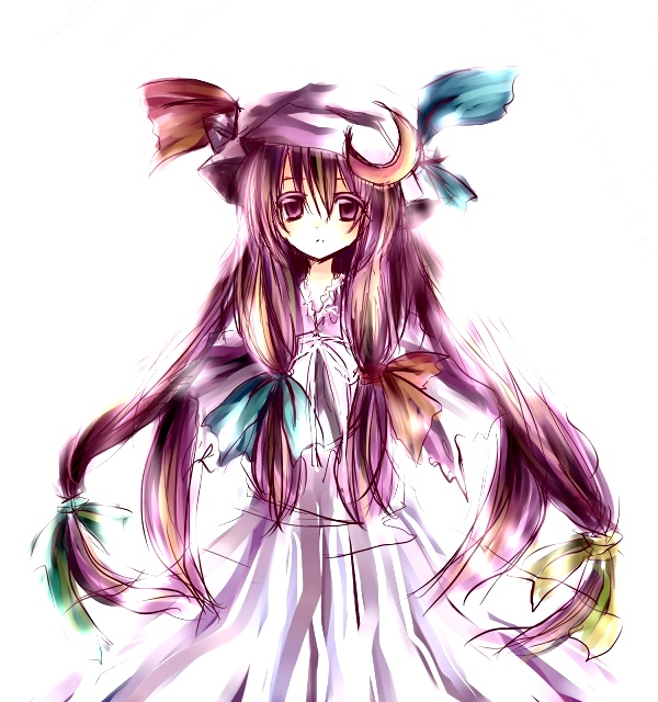 kohinata raichi, patchouli knowledge, touhou, bad id, bad pixiv id, 1girl, female focus, hair ribbon, hat, long hair, purple eyes, purple hair, ribbon, solo, standing, white background