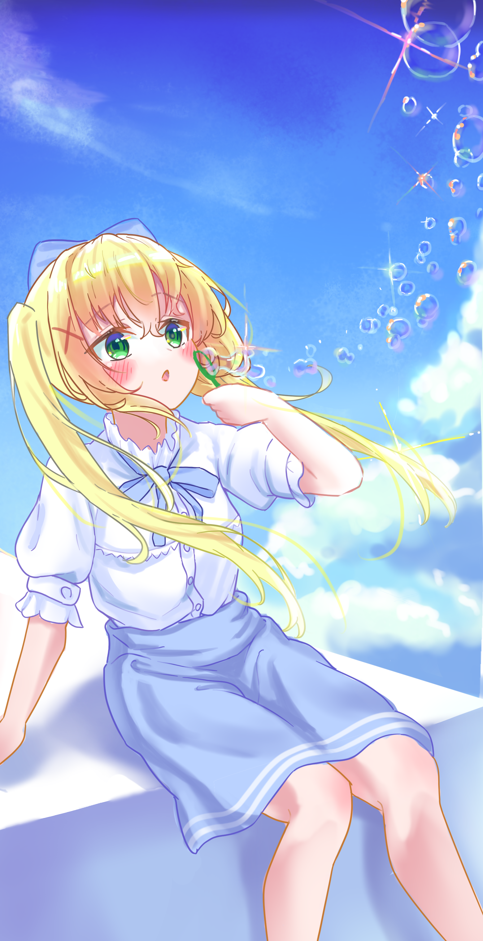 charcoa72170283, tsumugi wenders, summer pockets, absurdres, commentary request, highres, 1girl, arm support, blonde hair, blowing bubbles, blue bow, blue ribbon, blue skirt, blue sky, blush, bow, bubble wand, cloud, day, feet out of frame, floating hair, glint, green eyes, hair between eyes, hair ornament, hand up, high-waist skirt, long hair, neck ribbon, official alternate costume, outdoors, puffy short sleeves, puffy sleeves, ribbon, shirt, short sleeves, sidelocks, sitting, skirt, sky, soap bubbles, solo, twintails, very long hair, white shirt, x hair ornament