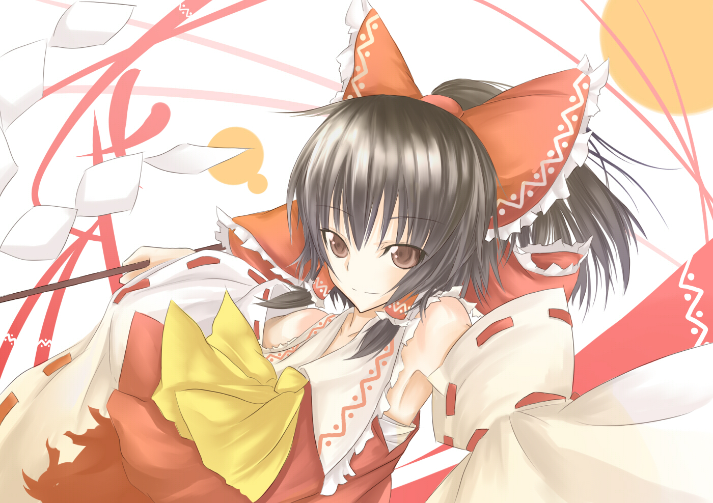 sasaki kouhei, hakurei reimu, imperishable night, touhou, bad id, bad pixiv id, 1girl, armpits, black hair, female focus, gohei, japanese clothes, miko, solo, upper body, white background