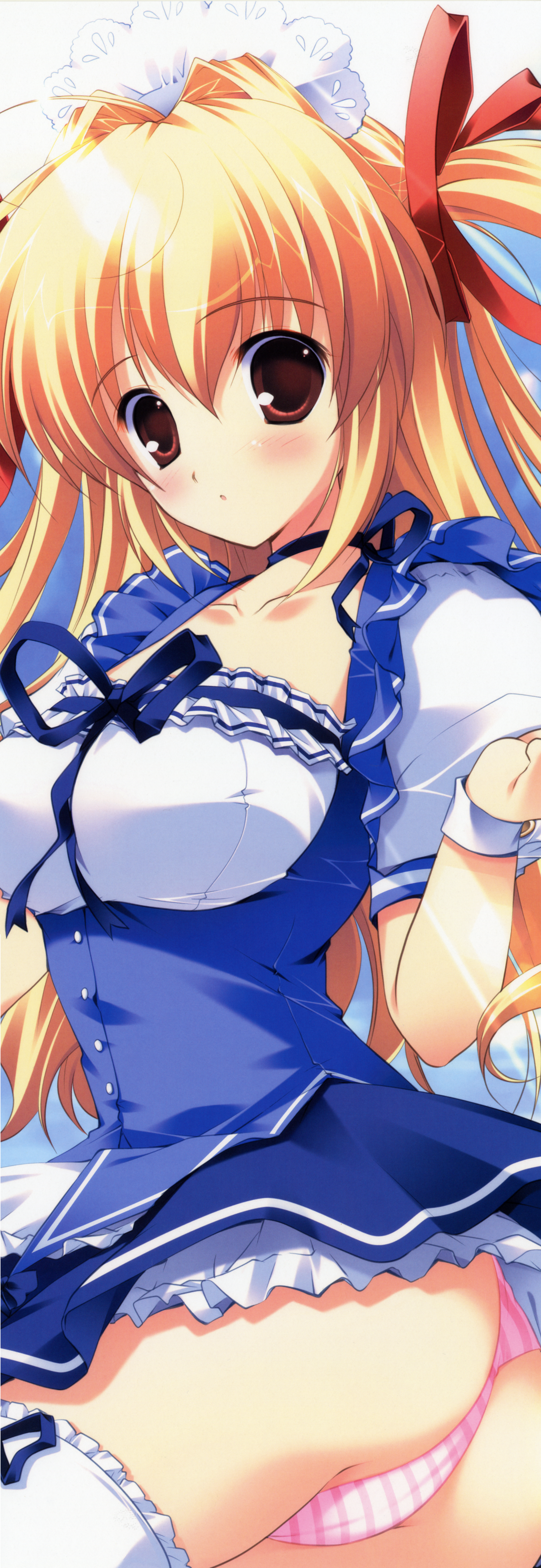 mikeou, absurdres, highres, huge filesize, long image, tall image, 1girl, ass, blonde hair, blush, breasts, dress, female focus, hair intakes, hair ribbon, large breasts, panties, pink panties, red eyes, ribbon, solo, stick poster, striped clothes, striped panties, thighhighs, two side up, underwear, white thighhighs
