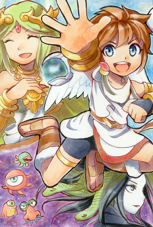 azumi (tks-sd), medusa (kid icarus), palutena, pit (kid icarus), kid icarus, nintendo, commentary request, 1boy, 2girls, :d, ^ ^, ancient greek clothes, angel, angel wings, bike shorts, blue eyes, bracer, bridal gauntlets, brown hair, brown sandals, circlet, closed eyes, dress, feathered wings, forehead jewel, greco-roman clothes, green hair, jewelry, living hair, long hair, looking at viewer, multiple girls, neck ring, open mouth, pale skin, parted bangs, reaching, reaching towards viewer, sandals, short hair, single bridal gauntlet, smile, snake hair, strapless, strapless dress, teeth, upper teeth only, white dress, white wings, wings