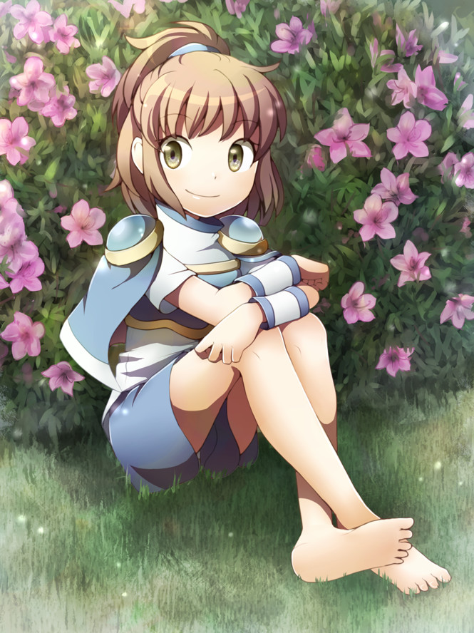 azumi (tks-sd), arle nadja, puyopuyo, 1girl, arm on knee, arm rest, armor, barefoot, blue cape, blue skirt, breastplate, brown hair, bush, cape, closed mouth, crossed ankles, flower, full body, green eyes, knees up, light particles, medium hair, on grass, pink flower, ponytail, shirt, short cape, sitting, skirt, smile, solo, turtleneck, turtleneck shirt, white shirt