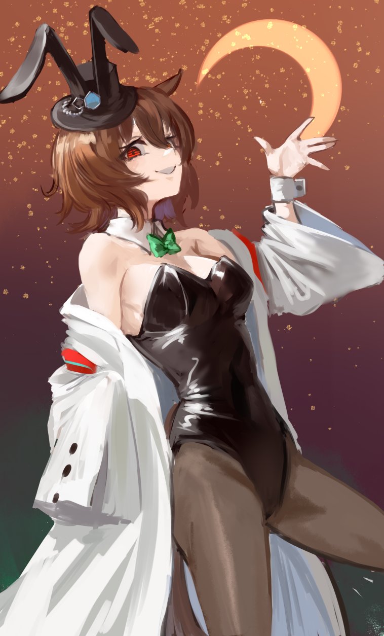 inishie kumo, agnes tachyon (umamusume), umamusume, highres, 1girl, alternate costume, animal ears, black leotard, black pantyhose, bow, bowtie, brown hair, coat, crescent moon, detached collar, grin, hat, horse ears, horse girl, horse tail, lab coat, leotard, looking at viewer, mini hat, moon, pantyhose, playboy bunny, red eyes, short hair, smile, solo, strapless, strapless leotard, tail, top hat, white coat, wrist cuffs