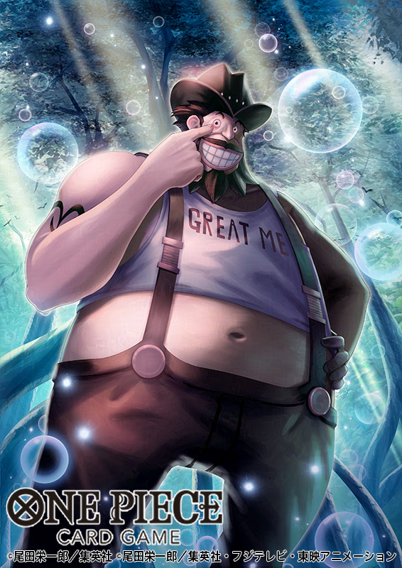 tanaka ken'ichi, one piece, one piece card game, commentary request, copyright request, official art, 1boy, arm tattoo, beard, brown hair, brown pants, bubble, cowboy shot, crop top, facial hair, gyogyo (one piece), hand on own hip, hat, looking at viewer, male focus, navel, pants, smile, solo, suspenders, tattoo