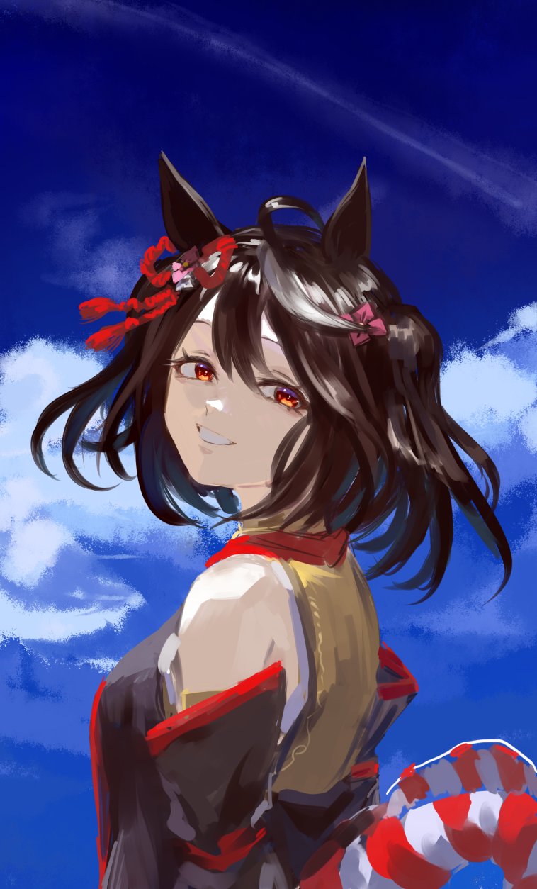 inishie kumo, kitasan black (umamusume), umamusume, highres, 1girl, ahoge, animal ears, blue sky, brown hair, cloud, detached sleeves, horse ears, horse girl, japanese clothes, looking at viewer, medium hair, red eyes, rope, shimenawa, sky, smile, solo, two side up, upper body