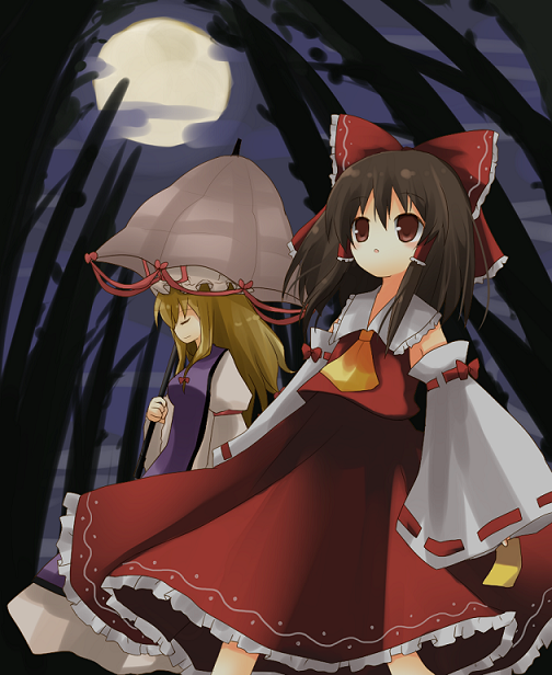 yuzuki (yuduame), hakurei reimu, yakumo yukari, touhou, bad id, bad pixiv id, 2girls, female focus, full moon, moon, multiple girls
