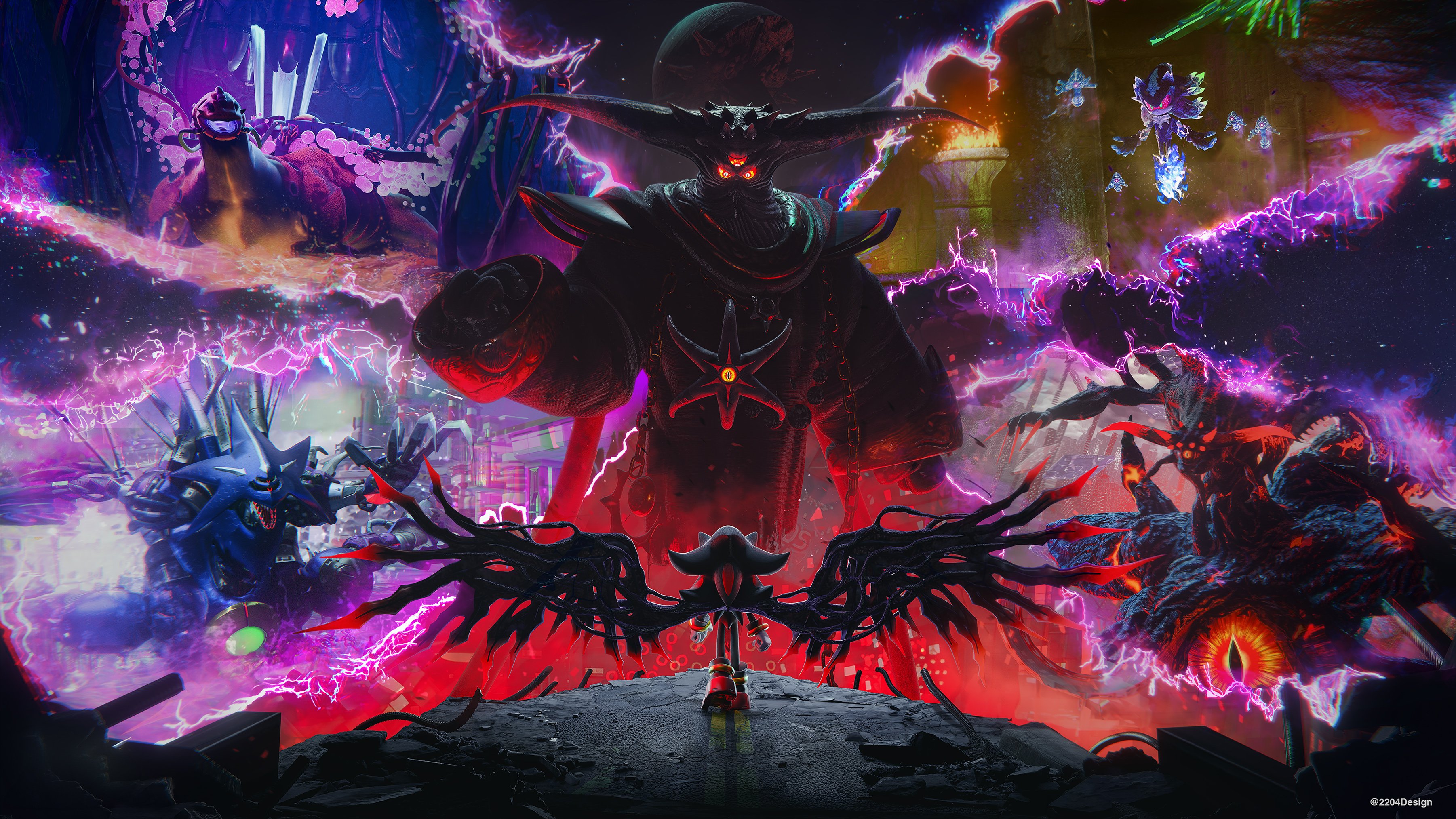2204design, biolizard, black doom, devil doom, mephiles the dark, metal overlord, metal sonic, shadow the hedgehog, sonic (series), sonic generations, sonic x shadow generations, absurdres, highres, 4boys, demon horns, gloves, horns, mechanical arms, multiple boys, purple eyes, red eyes, robot, shoes, white gloves, white shoes, wings, yellow eyes