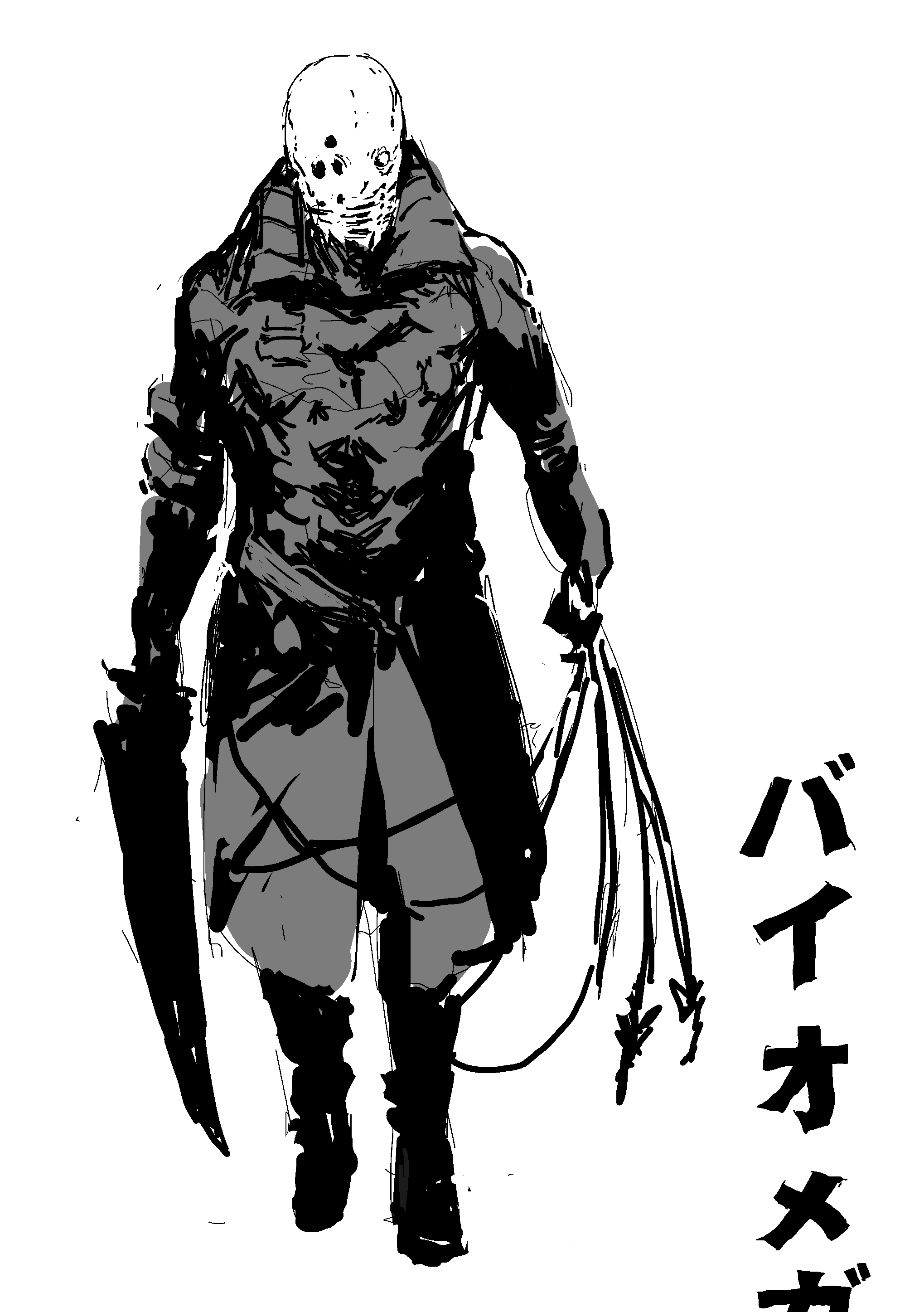 mmmkawaine, biomega, absurdres, highres, armor, cyberpunk, cyborg, higuide (biomega), simple background, sketch, standing, sword, weapon, white background