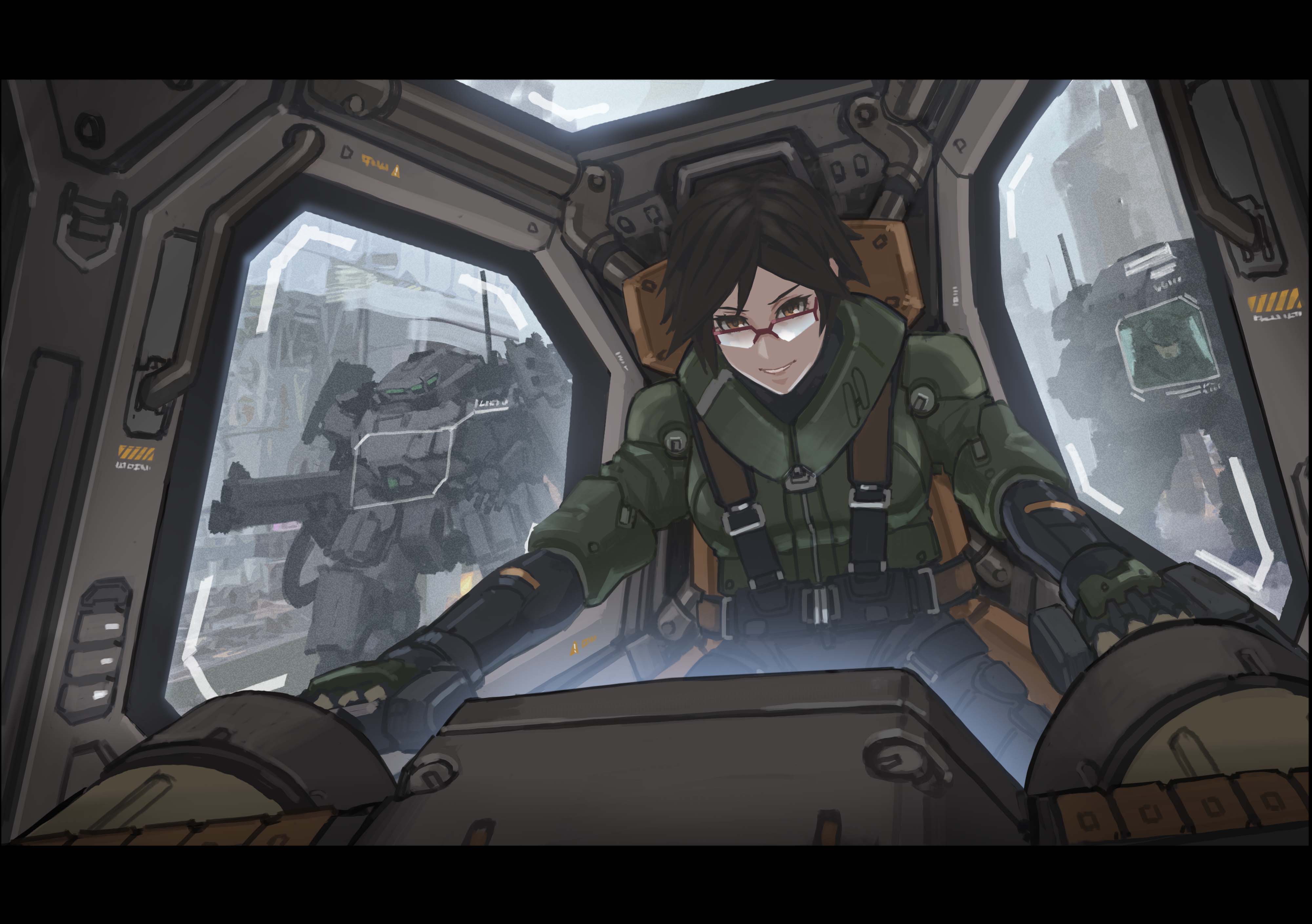 zen (jirakun), original, absurdres, highres, 1girl, cannon, gun, holding, holding gun, holding weapon, joints, machinery, mecha, mecha pilot suit, mechanization, robot, robot joints, science fiction, weapon