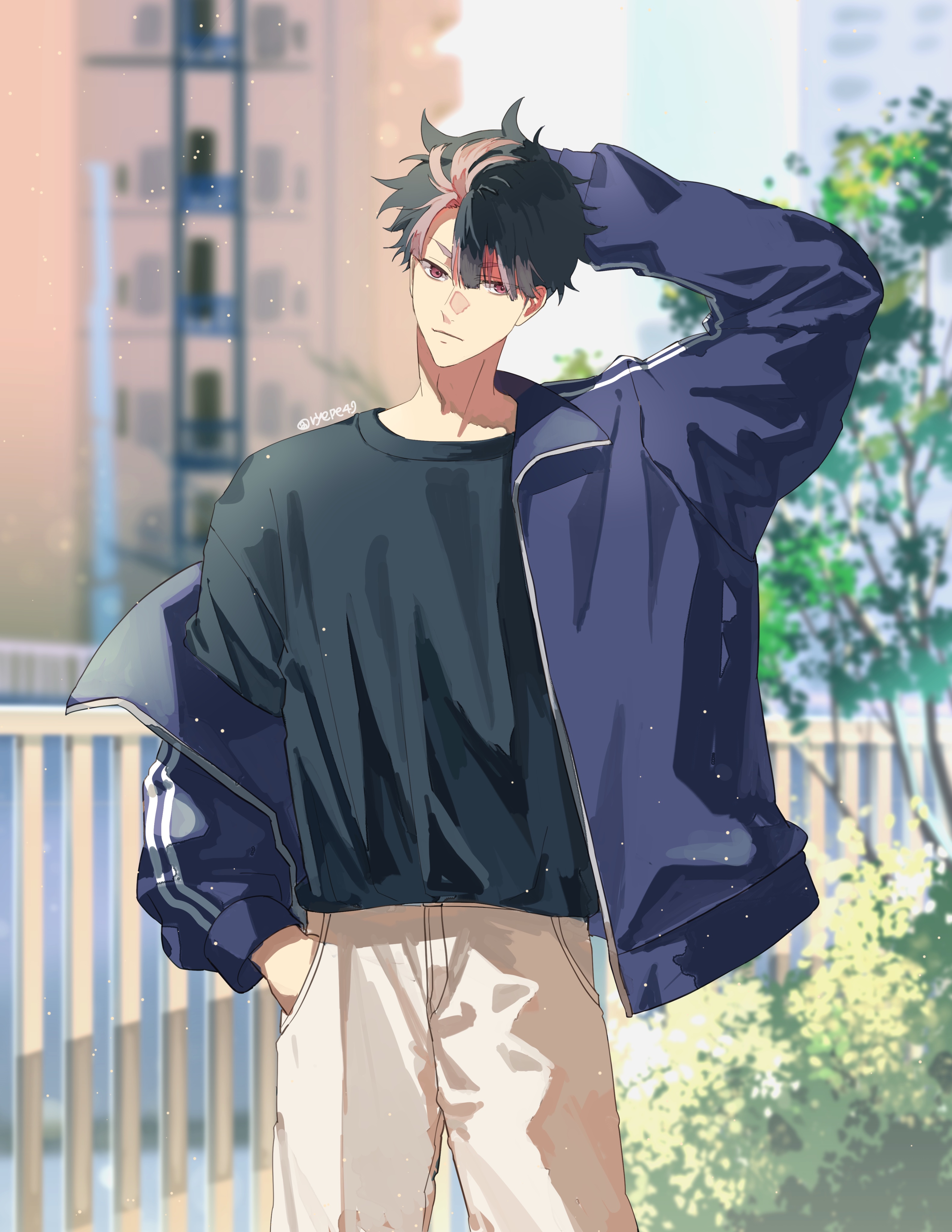 ryepe, narumi gen, kaijuu no. 8, absurdres, highres, korean commentary, 1boy, arm behind head, black hair, black shirt, blurry, blurry background, closed mouth, cowboy shot, hair between eyes, hand in pocket, jacket, light particles, long sleeves, looking at viewer, male focus, multicolored hair, open clothes, open jacket, red eyes, shirt, short hair, solo, two-tone hair