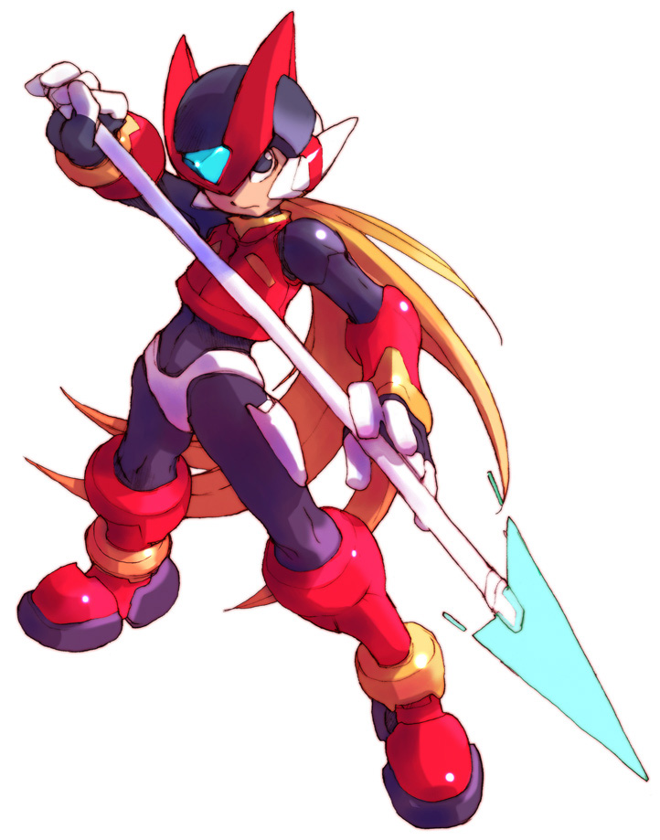 nakayama tooru, zero(z) (mega man), zero (mega man), capcom, mega man (series), mega man zero (series), official art, 1boy, blonde hair, long hair, looking at viewer, male focus, polearm, simple background, solo, spear, weapon, white background