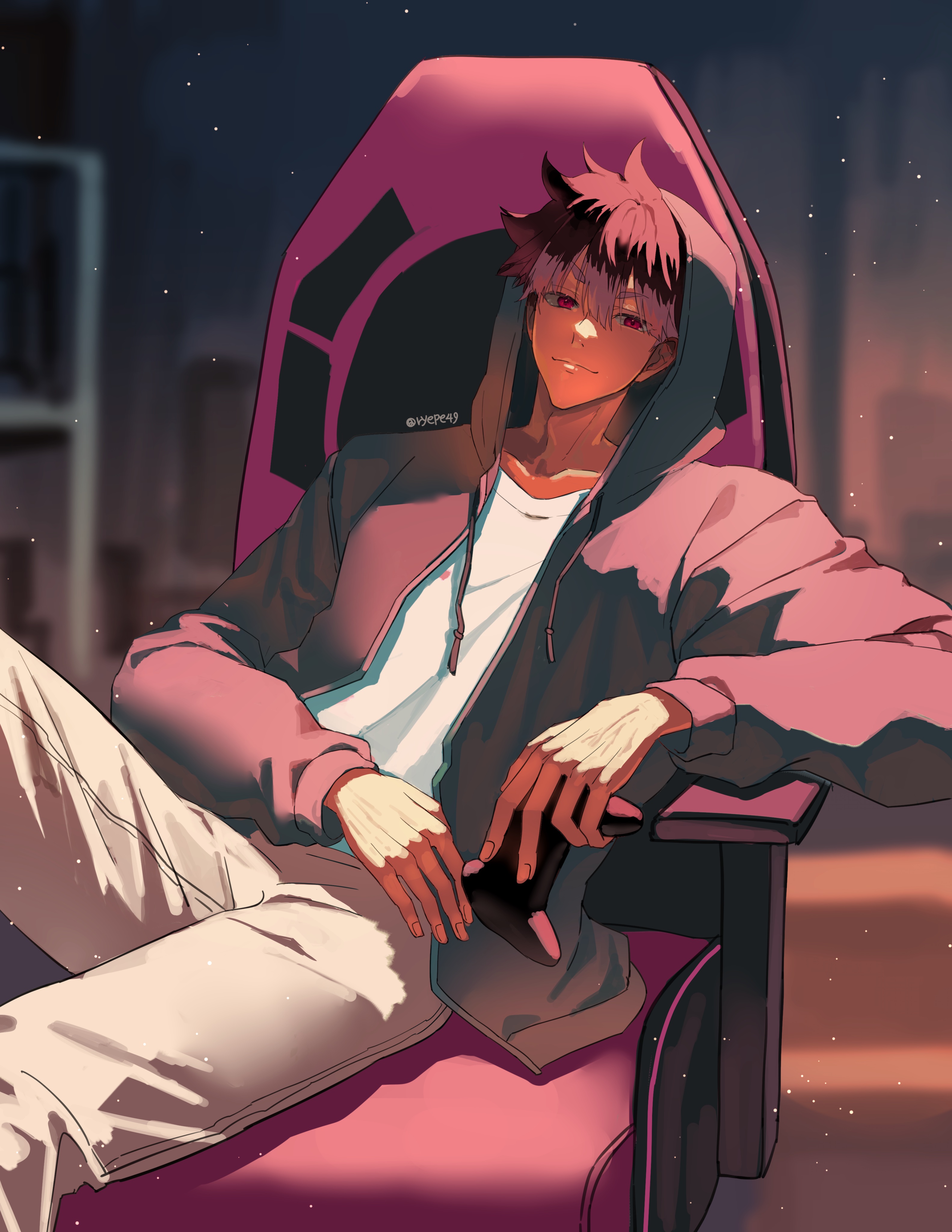 ryepe, narumi gen, kaijuu no. 8, absurdres, highres, korean commentary, 1boy, arm rest, black hair, blurry, blurry background, chair, closed mouth, grey jacket, hair between eyes, handheld game console, holding, holding handheld game console, hood, hood up, jacket, light particles, long sleeves, looking at viewer, male focus, multicolored hair, on chair, red hair, short hair, sitting, smile, solo, two-tone hair