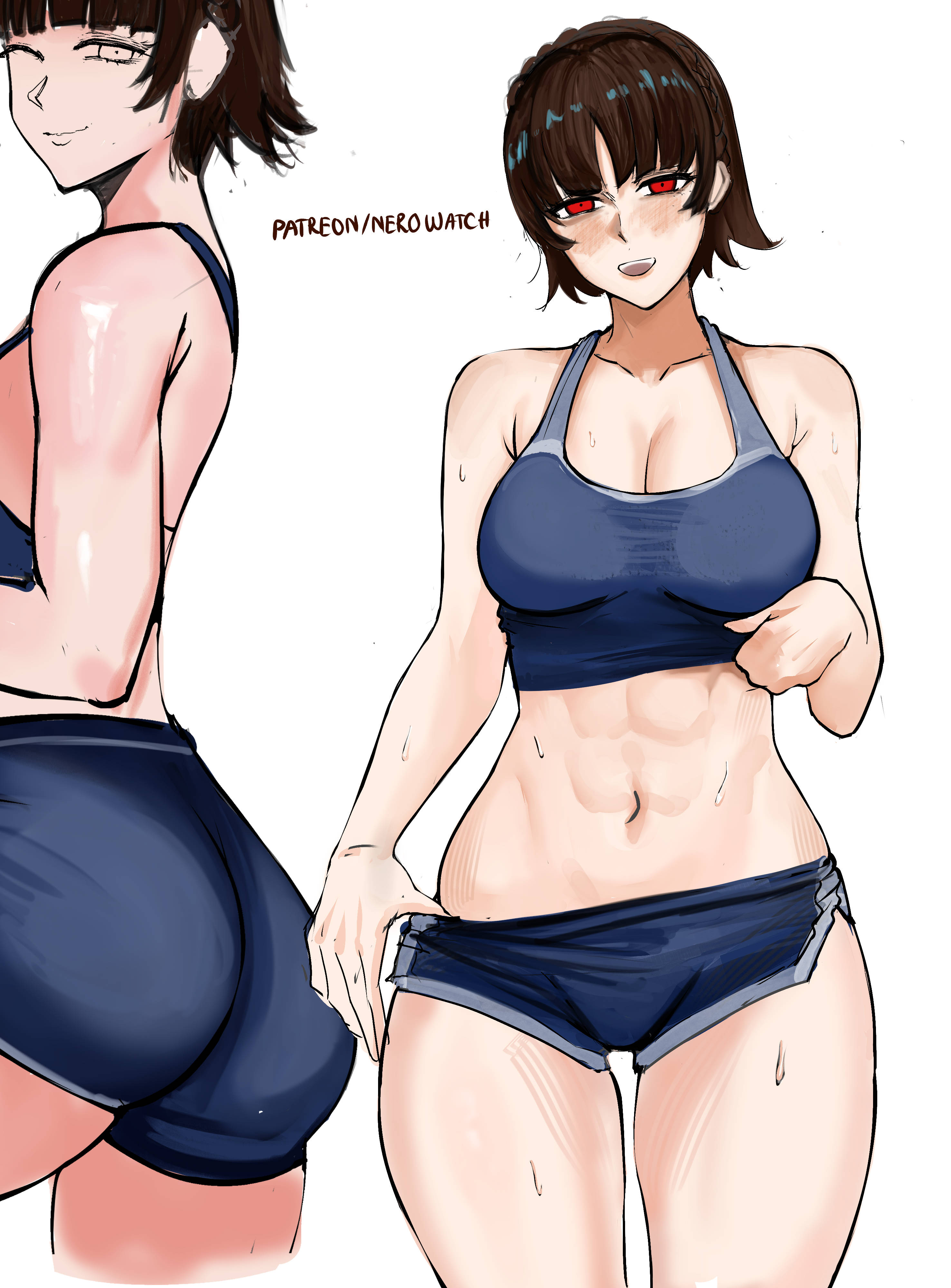 nero watch, niijima makoto, persona, persona 5, absurdres, highres, 1girl, abs, alternate costume, ass, bare shoulders, blue shorts, blue sports bra, blunt bangs, blush, braid, breasts, brown hair, cleavage, closed eyes, closed mouth, collarbone, crown braid, looking at viewer, medium breasts, muscular, muscular female, navel, open mouth, red eyes, short hair, shorts, shorts tug, simple background, smile, sports bra, sportswear, stomach, tug, white background, workout clothes