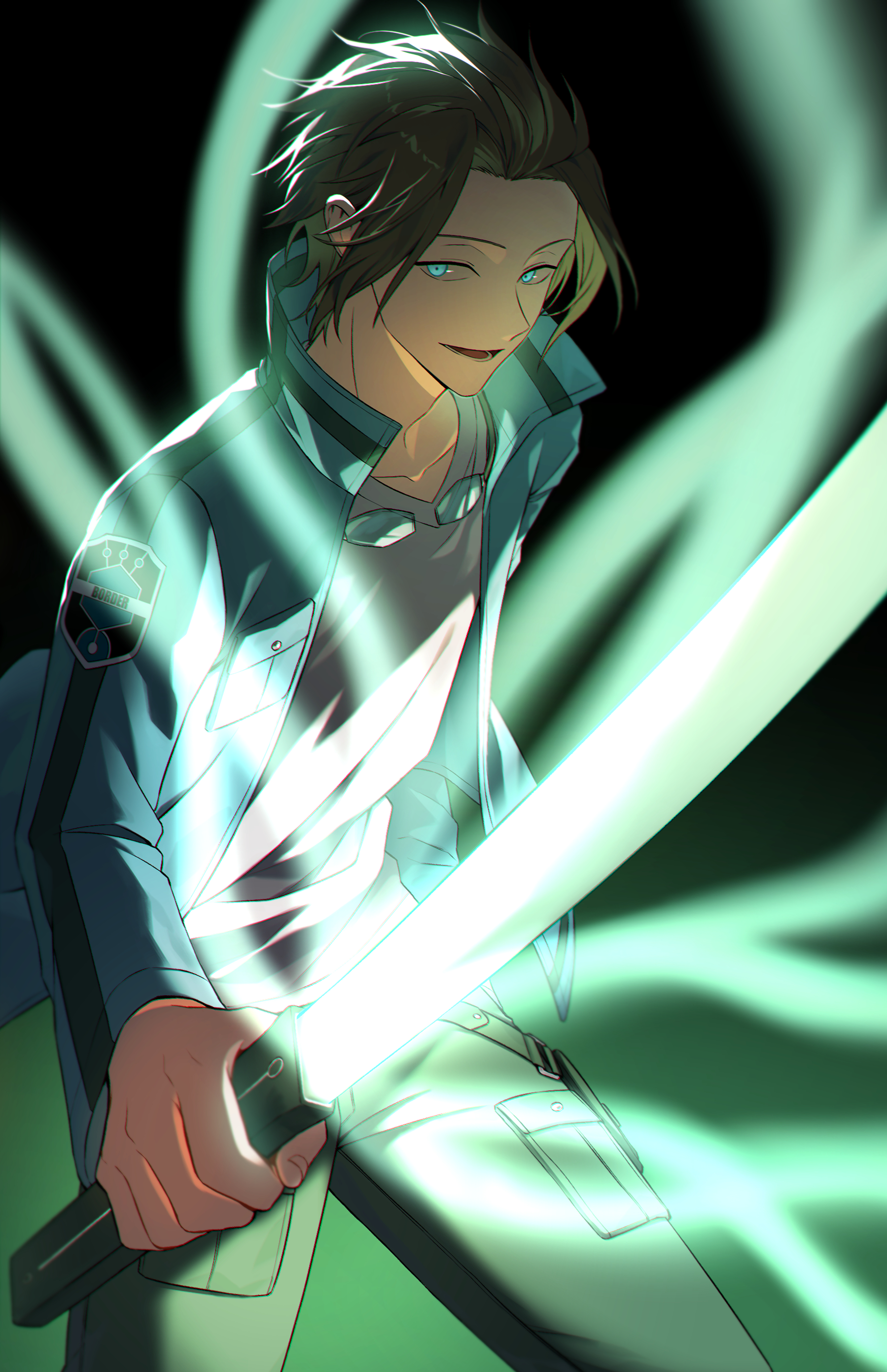 1arutan, jin yuuichi, world trigger, absurdres, highres, non-web source, blue jacket, brown hair, collared jacket, holding, holding sword, holding weapon, jacket, looking at viewer, looking to the side, male focus, solo, sword, unworn eyewear, weapon