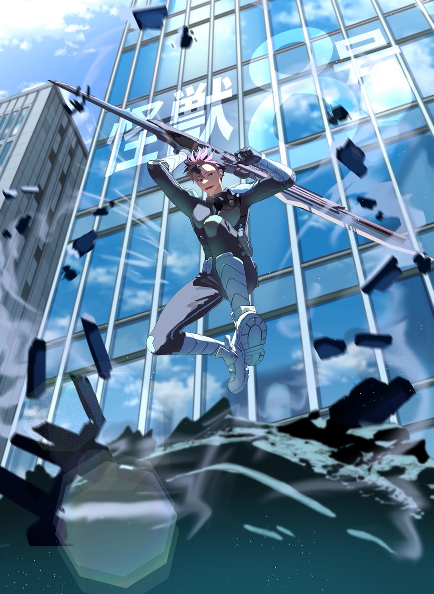 ryepe, narumi gen, kaijuu no. 8, highres, korean commentary, 1boy, arm guards, arms up, black gloves, blue sky, boots, building, copyright name, debris, falling, from below, full body, gas mask, gloves, holding, holding behind back, holding weapon, holding weapon behind back, knee boots, long sleeves, looking at viewer, male focus, mask, open mouth, outdoors, red eyes, short hair, shoulder pads, sky, skyscraper, smile, solo, unworn mask, weapon