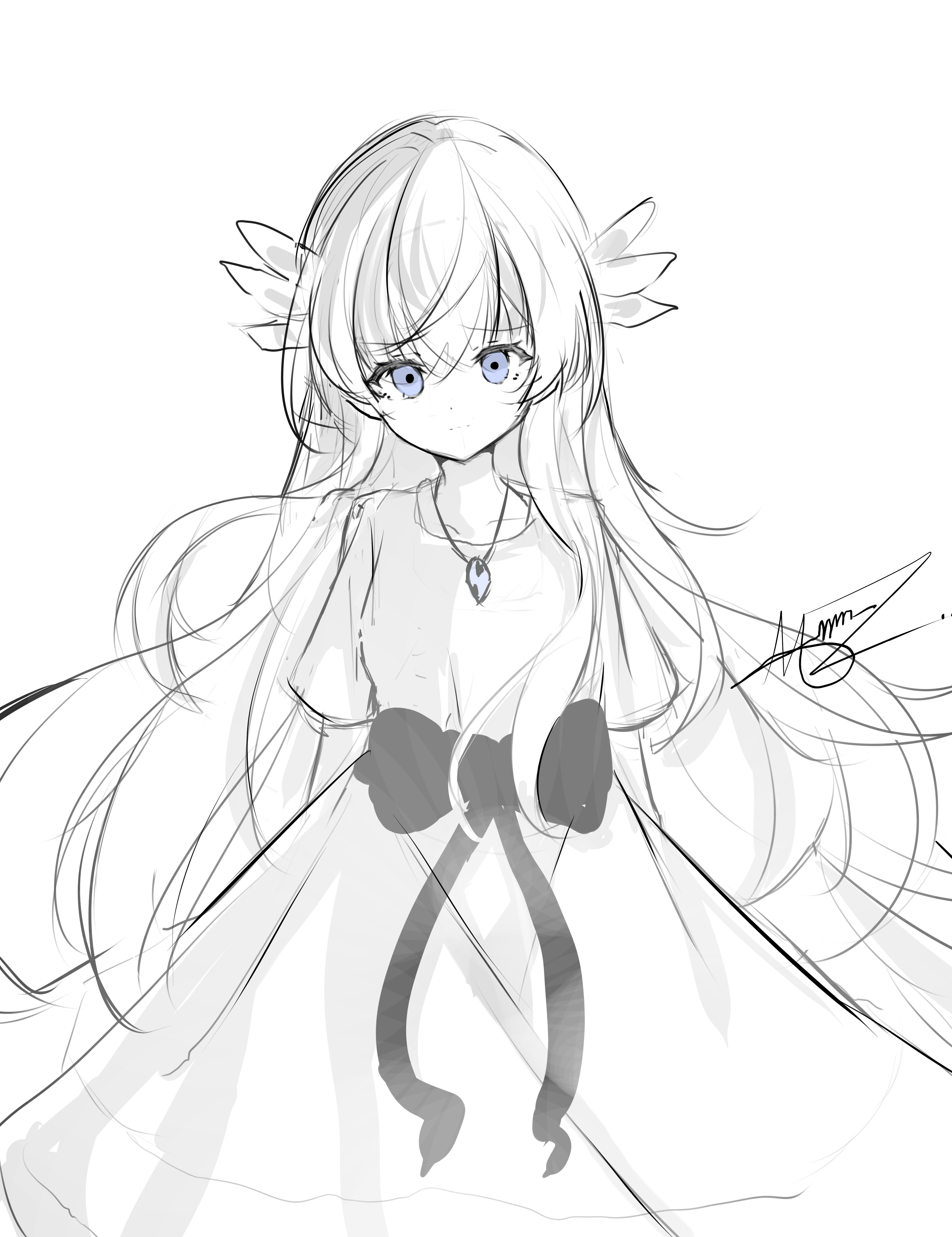 lily (ender lilies), ender lilies quietus of the knights, ender magnolia bloom in the mist, absurdres, highres, non-web source, 1girl, blue eyes, bow, dress, frills, hair ornament, jewelry, long hair, looking at viewer, mayonz, monochrome with colored eyes, necklace, ribbon bow, simple background, sketch, solo, white dress