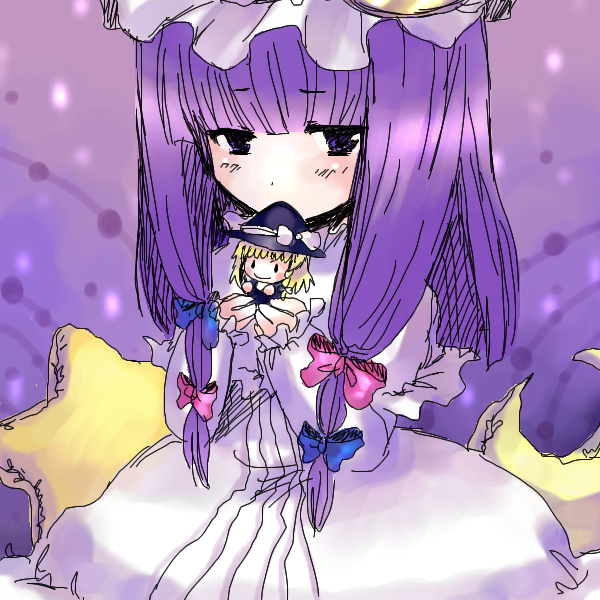 kirisame marisa, patchouli knowledge, touhou, 1girl, blonde hair, bow, character doll, crescent, crescent moon, doll, female focus, hat, long hair, moon, pink bow, purple hair, ribbon, smile, solo, star (symbol), witch, witch hat
