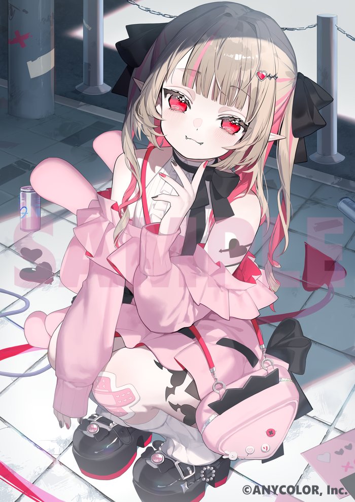 karo (karohroka), makaino ririmu, nijisanji, official art, 1girl, bag, bandaid, bandaid on leg, bare shoulders, black bow, black bowtie, black nails, black ribbon, black shoes, blunt bangs, blush, bow, bowtie, can, center frills, closed mouth, collared shirt, colored inner hair, copyright notice, dress, drill hair, drink can, fangs, frilled dress, frills, from above, full body, grey hair, hair intakes, hair ornament, hair over shoulder, hair ribbon, handbag, heart, heart hair ornament, heart tattoo, leg tattoo, light smile, long hair, long sleeves, looking at viewer, loose socks, multicolored hair, multicolored nails, nail polish, off shoulder, official alternate costume, outdoors, pink bag, pink dress, pink hair, pink nails, pink sleeves, platform shoes, pointy ears, red eyes, ribbon, ribbon-trimmed skirt, ribbon trim, sample watermark, shade, shirt, shoes, shoulder bag, shoulder tattoo, sidelocks, sidewalk, sleeveless, sleeveless shirt, socks, solo, squatting, streaked hair, stuffed animal, stuffed rabbit, stuffed toy, tattoo, two side up, virtual youtuber, watermark, white shirt, white socks, winged heart, winged heart tattoo