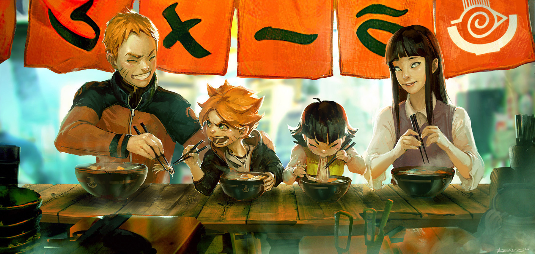 ben lo, naruto (series), character request, highres, translation request, 1girl, 2boys, :d, ahoge, black hair, blunt bangs, blurry, blurry background, bowl, chopsticks, closed eyes, food, food stand, holding, holding chopsticks, jacket, jewelry, long hair, multicolored jacket, multiple boys, necklace, noodles, open mouth, orange hair, playing with food, purple vest, ramen, ramen stand, rolling eyes, shirt, sidelocks, sign, smile, softboiled egg, spiked hair, spoon, steaming food, table, two-tone jacket, upper body, vest, white shirt, wooden table