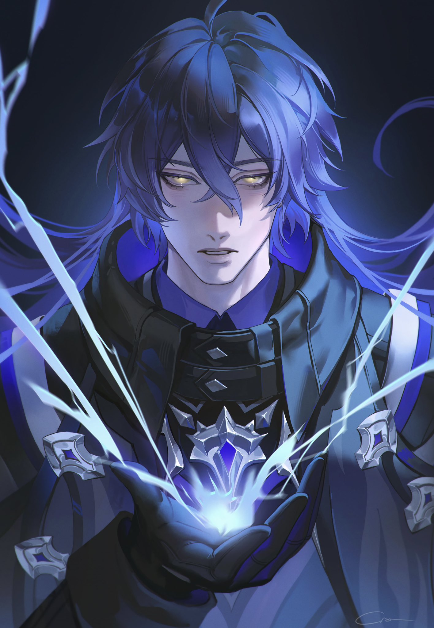 crovius, flins (genshin impact), genshin impact, highres, 1boy, bags under eyes, black coat, black gloves, blue background, blue hair, coat, collared coat, electricity, gloves, glowing, glowing eyes, gradient hair, hair between eyes, long hair, long sleeves, looking at viewer, multicolored hair, no pupils, parted lips, powering up, shade, solo, standing, upper body, yellow eyes