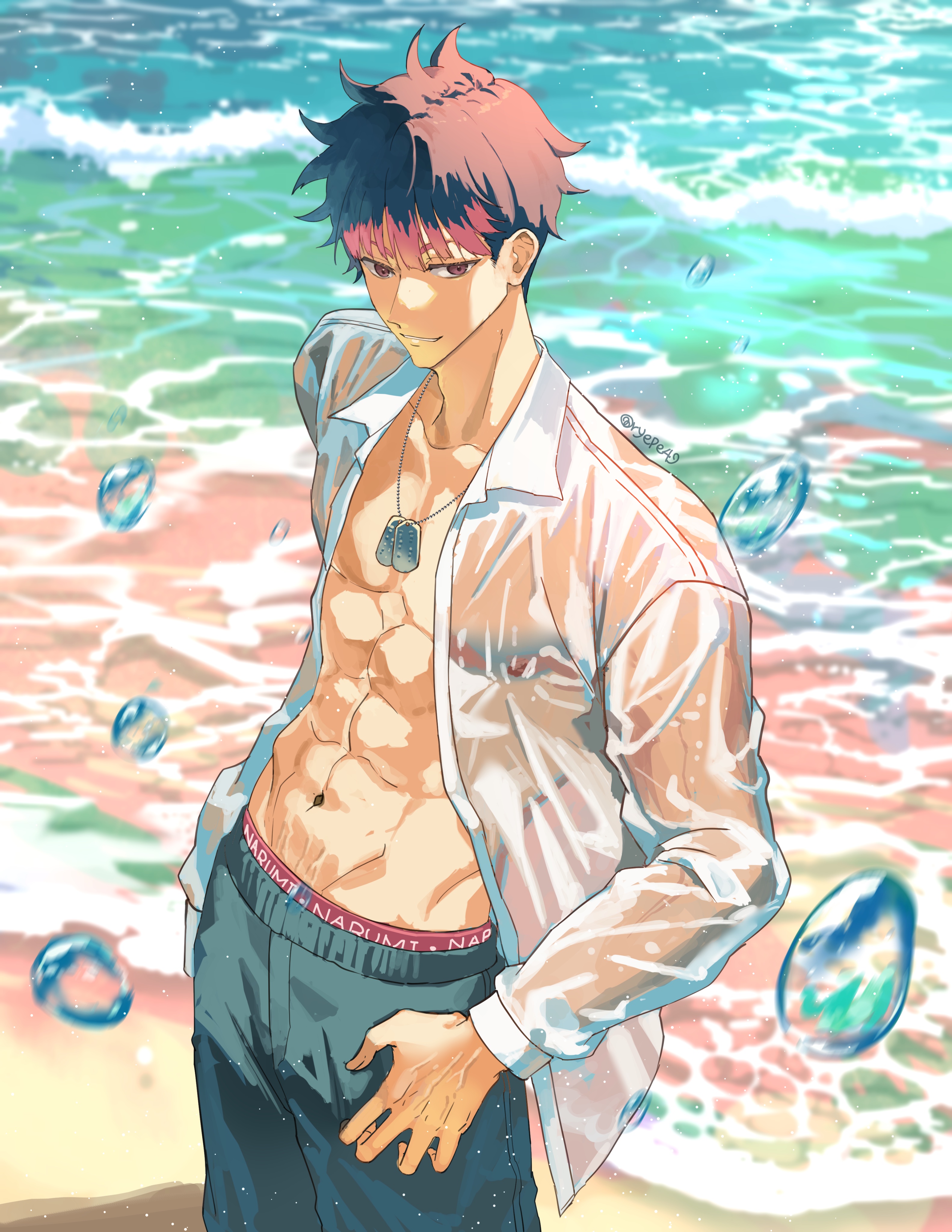 ryepe, narumi gen, kaijuu no. 8, absurdres, highres, korean commentary, 1boy, beach, black hair, caustics, character name, cowboy shot, hair between eyes, long sleeves, looking at viewer, male focus, male underwear, male underwear peek, no shirt, ocean, parted lips, red eyes, short hair, smile, solo, underwear, water drop